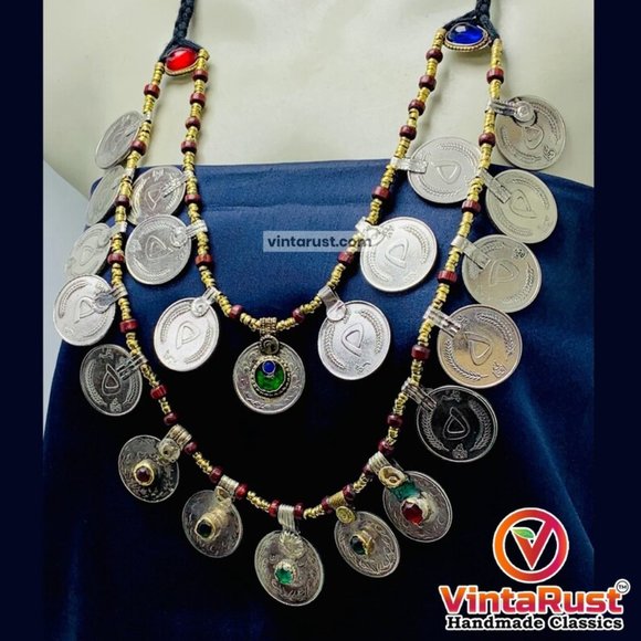 Multi-Strand Coins Necklace, Vintage Coins Necklace With Beaded Chain - Picture 5 of 9